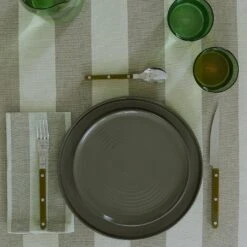 Essential Striped Tablecloth - Sage/Olive -Home Furnishing Store essential tablecloth olive striped assorted glassware dinnerware flatware tablecloth 1