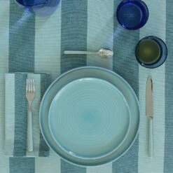 Essential Striped Tablecloth - Sky/Peacock -Home Furnishing Store essential tablecloth sky striped assorted glassware dinnerware flatware tablecloth 1