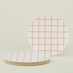 Bamboo Melamine Dinner Plate, Set Of 4 - Red Grid