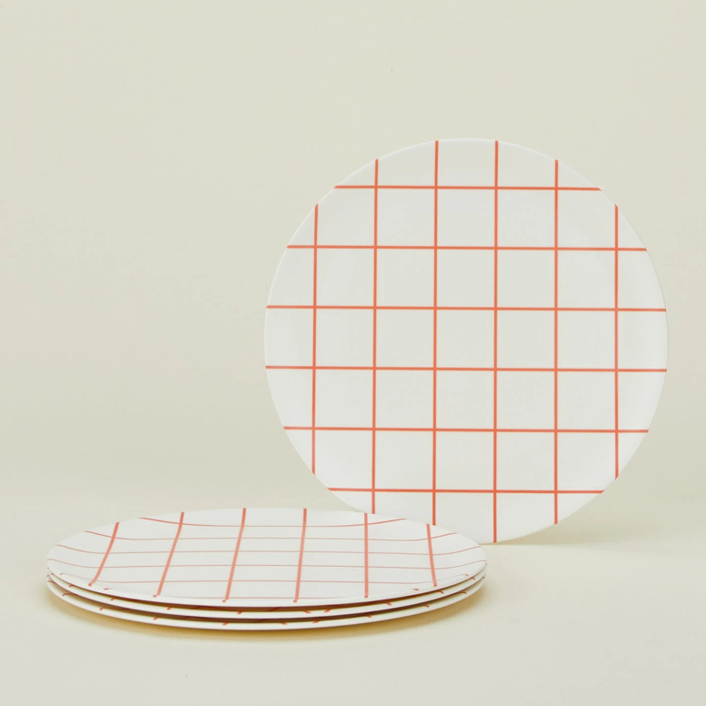 Bamboo Melamine Dinner Plate, Set Of 4 - Red Grid 1 Bamboo Melamine Dinner Plate, Set Of 4 - Red Grid